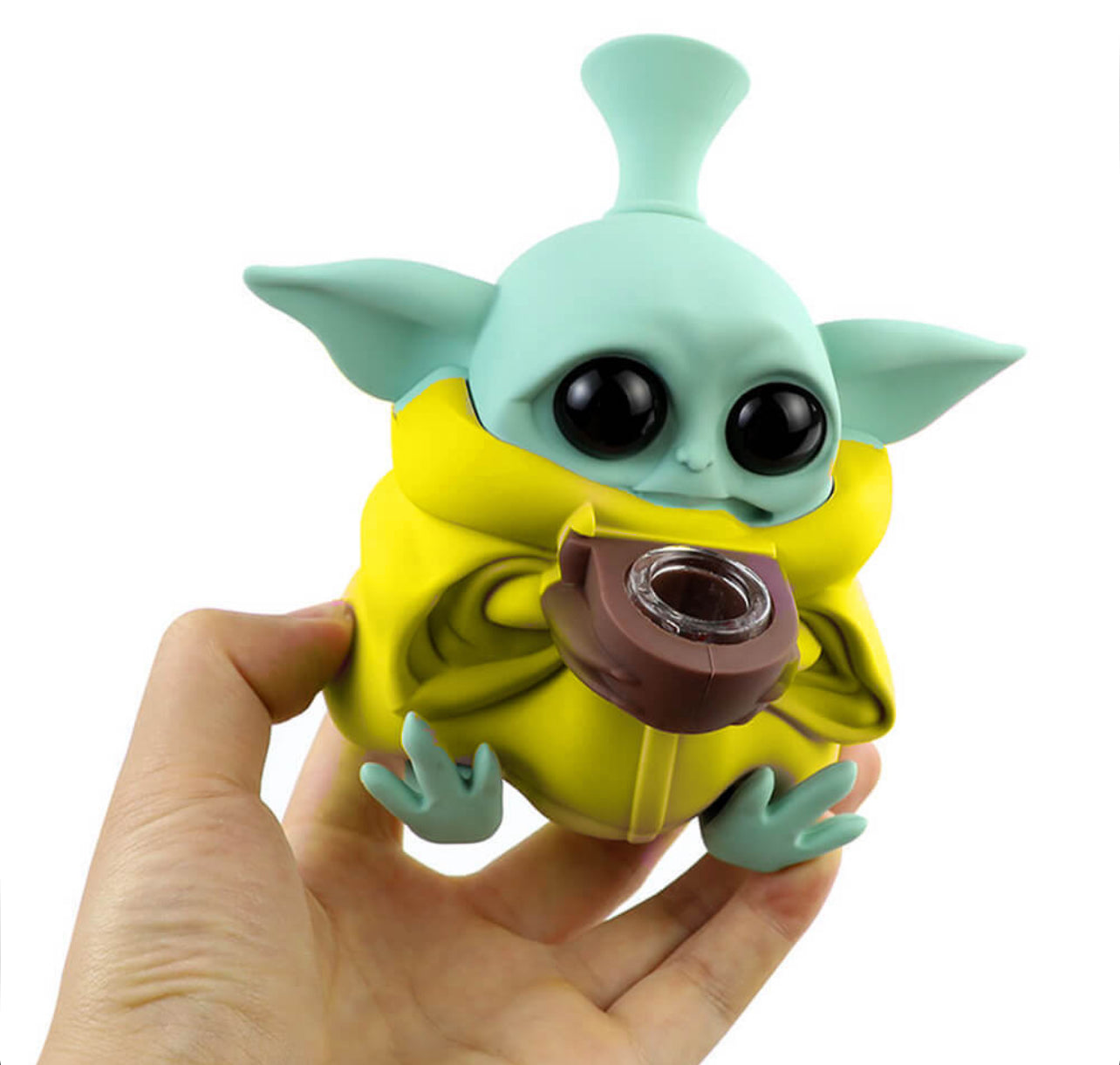 Bongo de silicone Baby Yoda com peças removíveis 13 cm amarelo